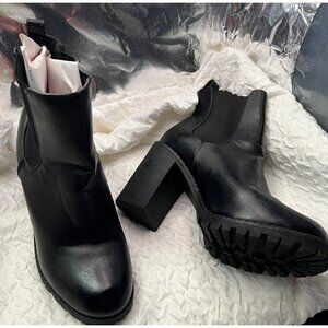8.5M Black Leather Chunky Heel Chelsea Boots For Women